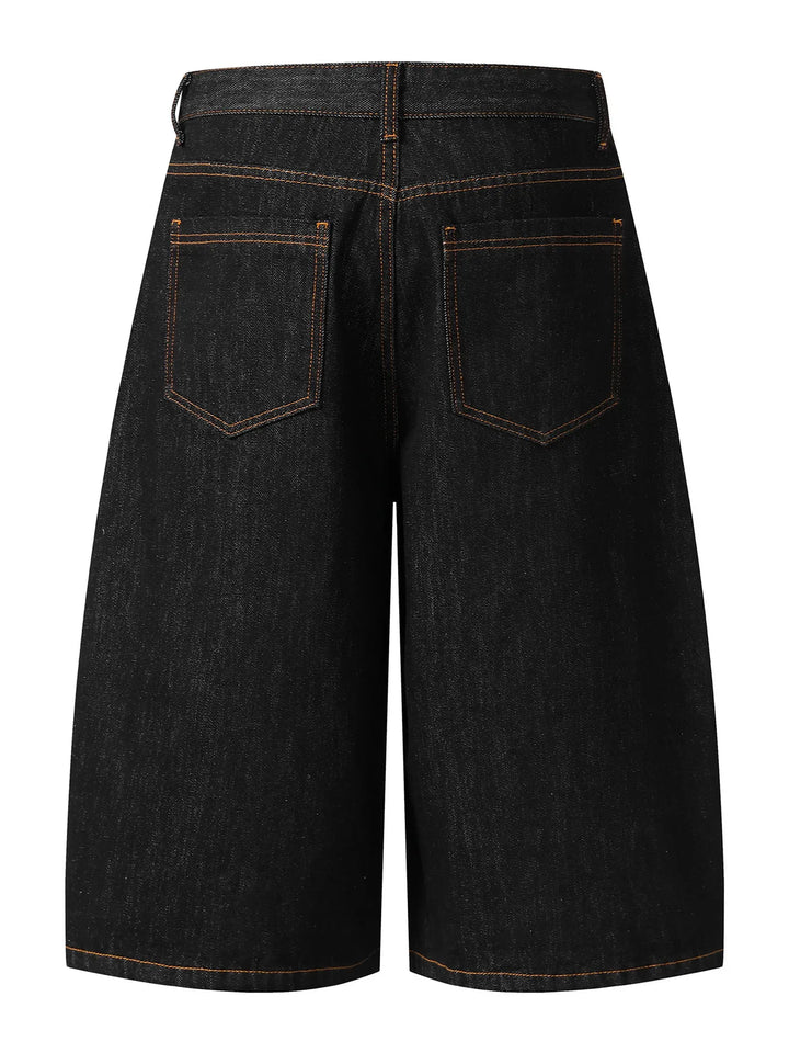 Men's Wide Leg Denim Shorts with Embroidered Pocket Detail