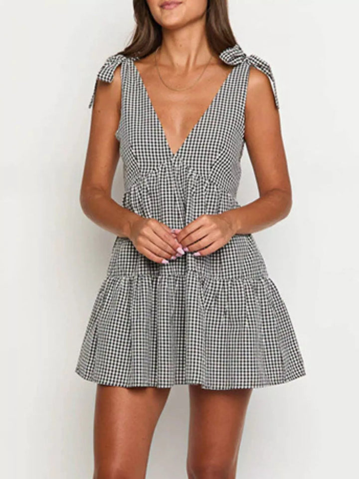 Gingham Tie-Shoulder Mini Dress