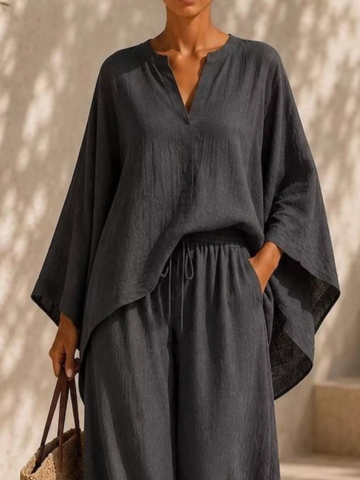 Full Size Notched Long Sleeve Top and Wide-Leg Pants Set Plus Size