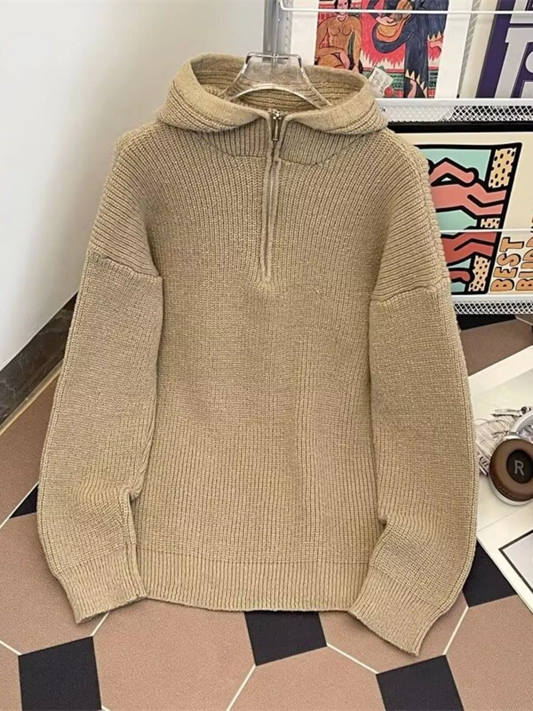 Men's Hooded Half Zip Knit Sweater