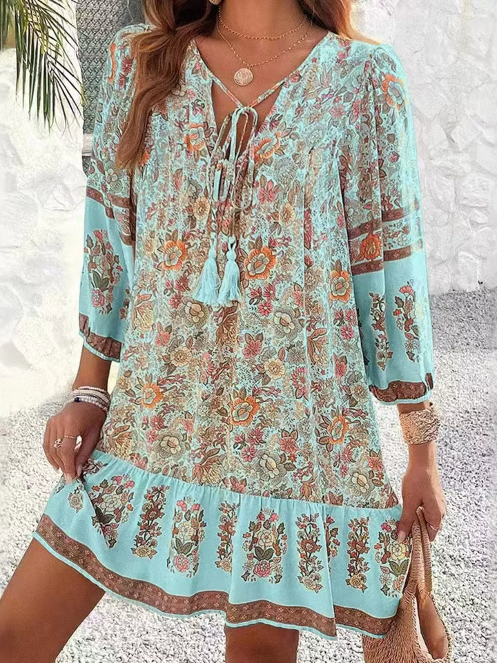 Floral Print Tassel Tie Neck Mini Dress