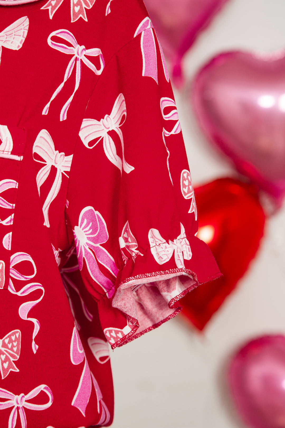 Red Sweet Bow Print Ruffled Short Sleeve Shirt Shorts 2pcs Pajama Set