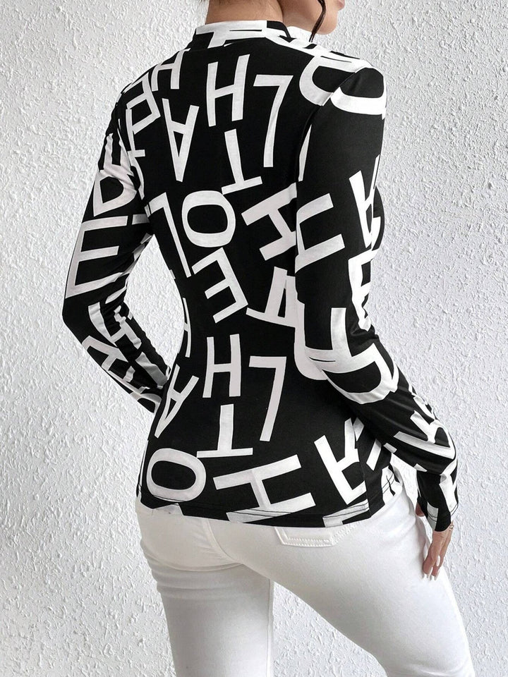 Animal Print Mock Neck Long Sleeve T-Shirt