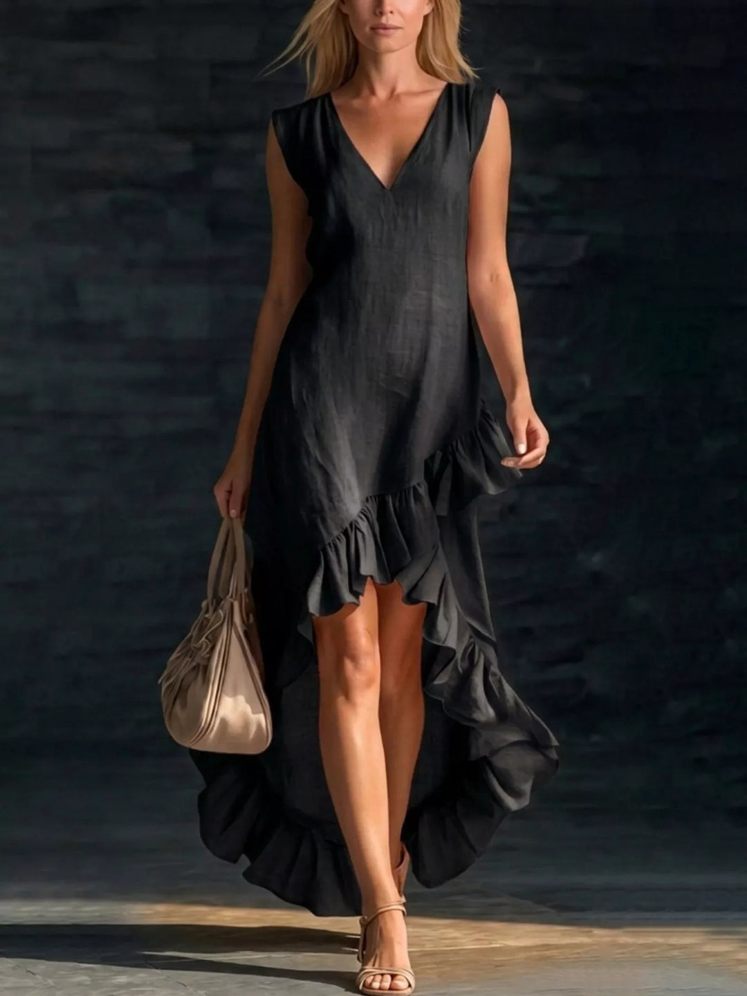 Full Size V-Neck Ruffle Hem High-Low Dress Plus Size