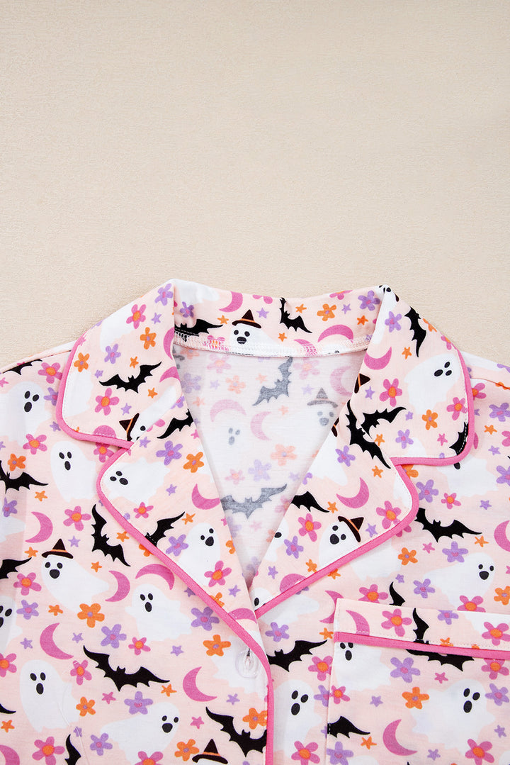 Pink Halloween Eve Haunted Honey Bat Print Pajama Set
