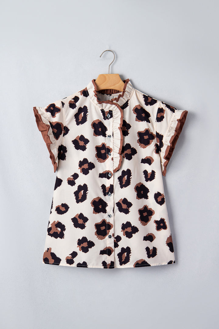 Khaki Leopard Printed Ruffle Sleeve Summer Blouse