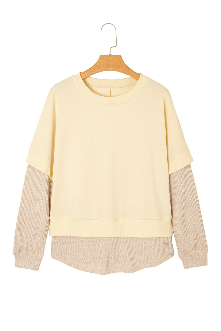 Apricot 2 in 1 Faux Two Piece Patchwork Round Neck Sweatshirt