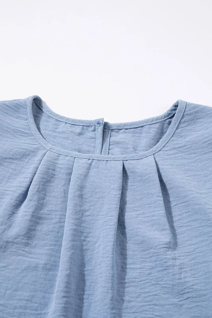 Solid Color Flounce Sleeve Pleated Round Neck Blouse