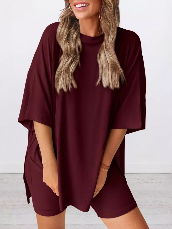 Full Size Relaxed Fit Round Neck Top and Shorts Two-Piece Set Plus Size