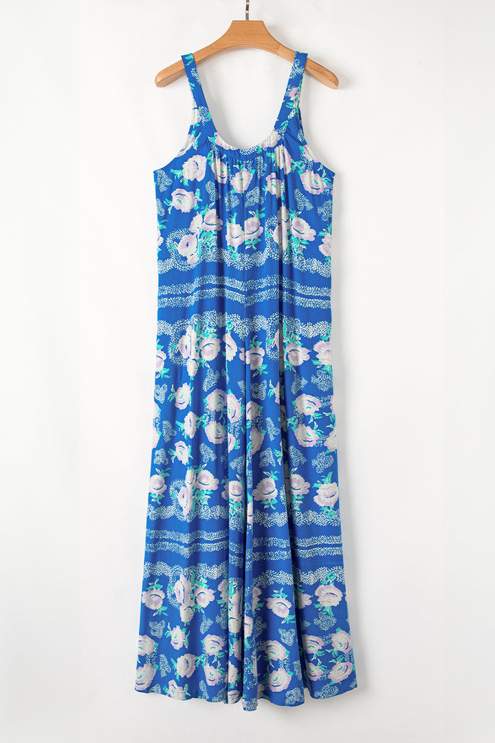 Blue Floral Print Wide Leg Sleeveless Jumpsuit