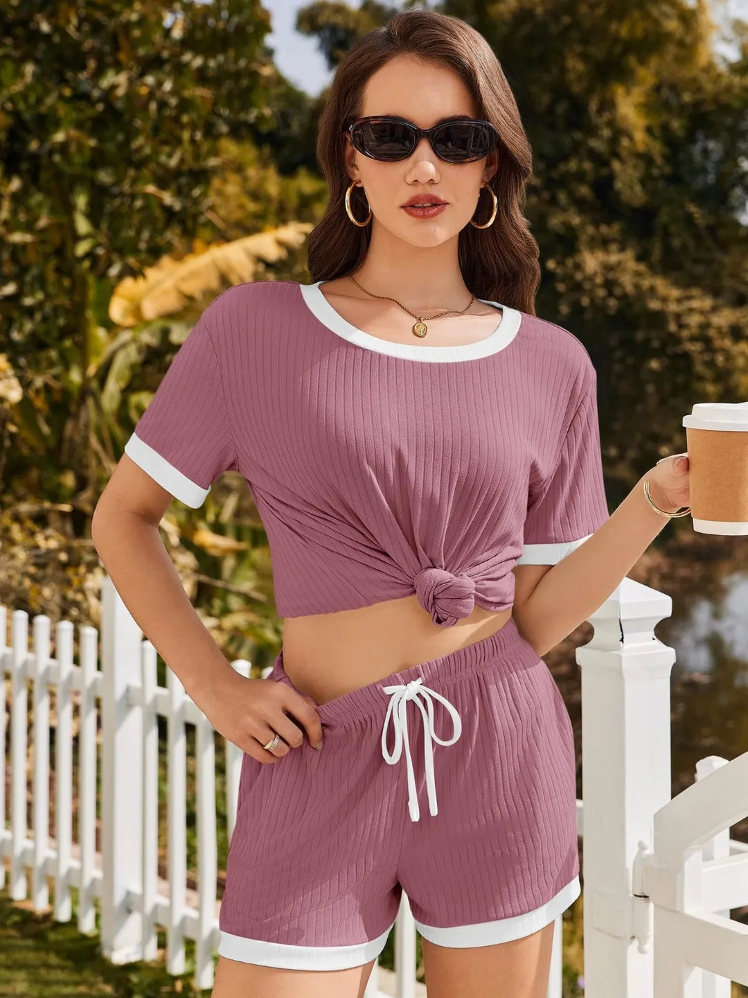 Ribbed Short Sleeve Top and Shorts Set