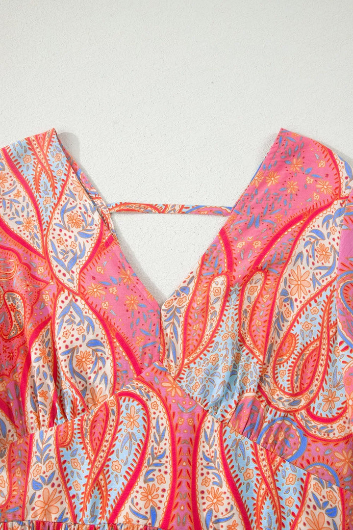 Paisley Print V-Neck Short Sleeve Boho Dress with Ruffle Details