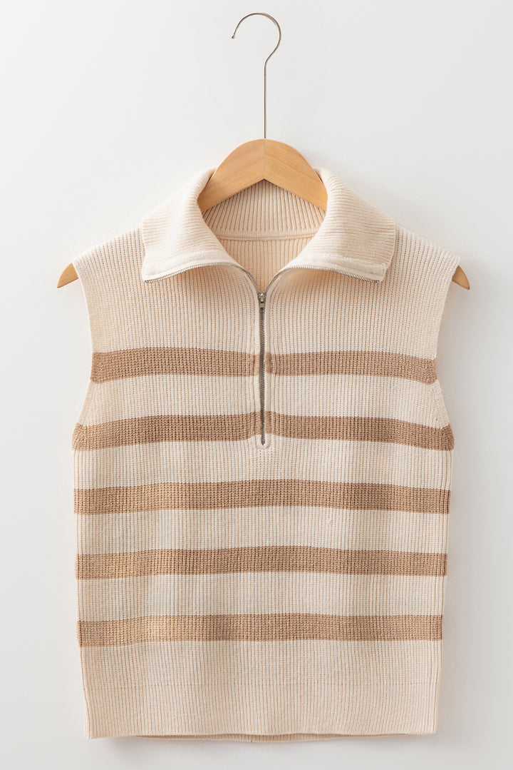 Khaki Stripe Ribbed Half Zip Collared Sweater Vest