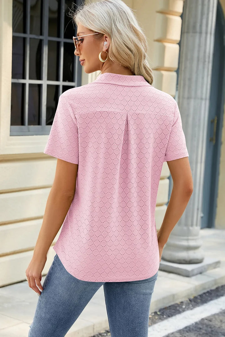 Pocketed Johnny Collar Short Sleeve Blouse