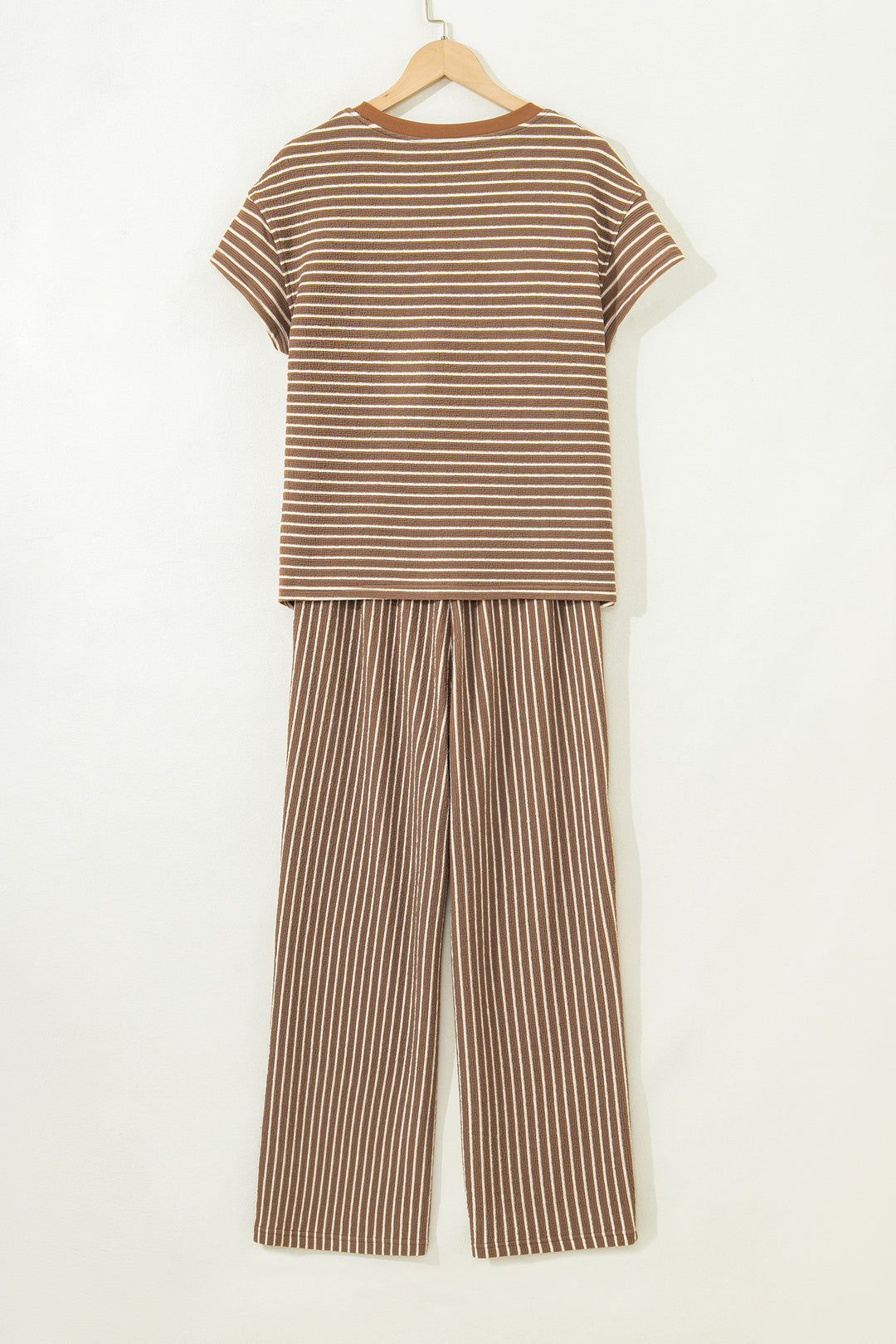 Khaki Stripe Crew Neck Tee Drawstring Waist Cropped Pants Set