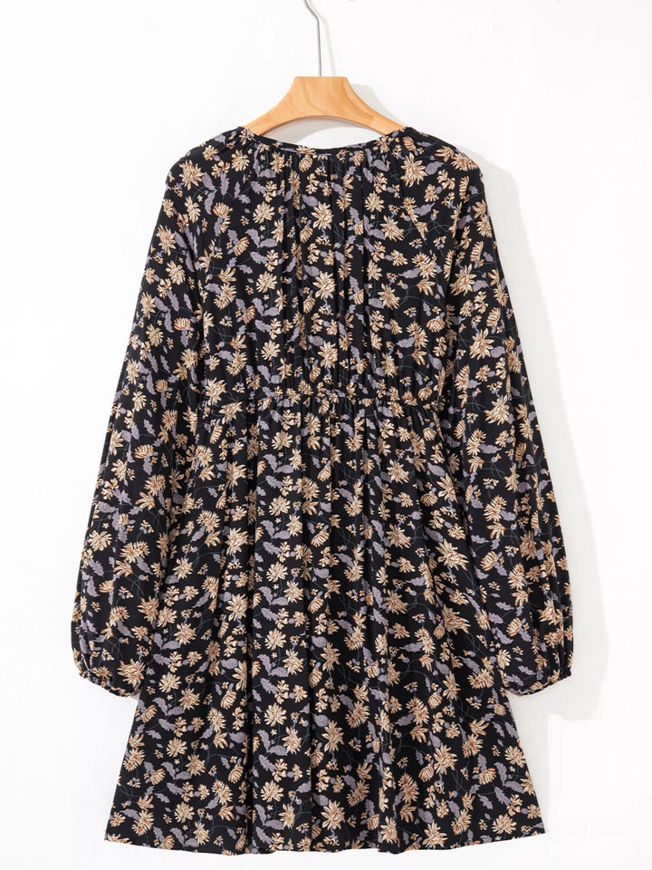 Floral Deep V Neck Smocked Bust Bubble Sleeve Babydoll Dress
