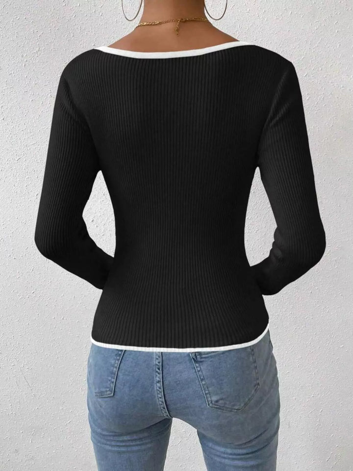 Contrast Trim Long Sleeve Knit Top