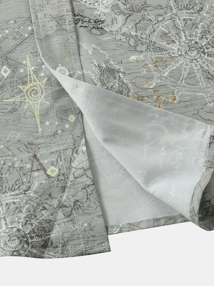 Men's Vintage Map Print Short Sleeve Button Down Shirt