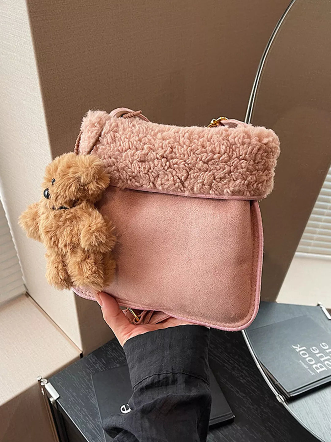 Teddy Bear Charm Plush Trim Crossbody Bag