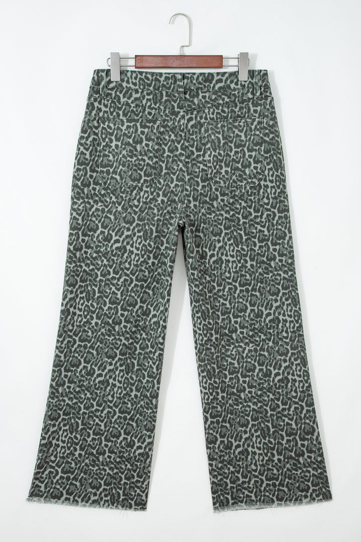 Gray Leopard Frayed Edge Wide Leg High Waist Jeans