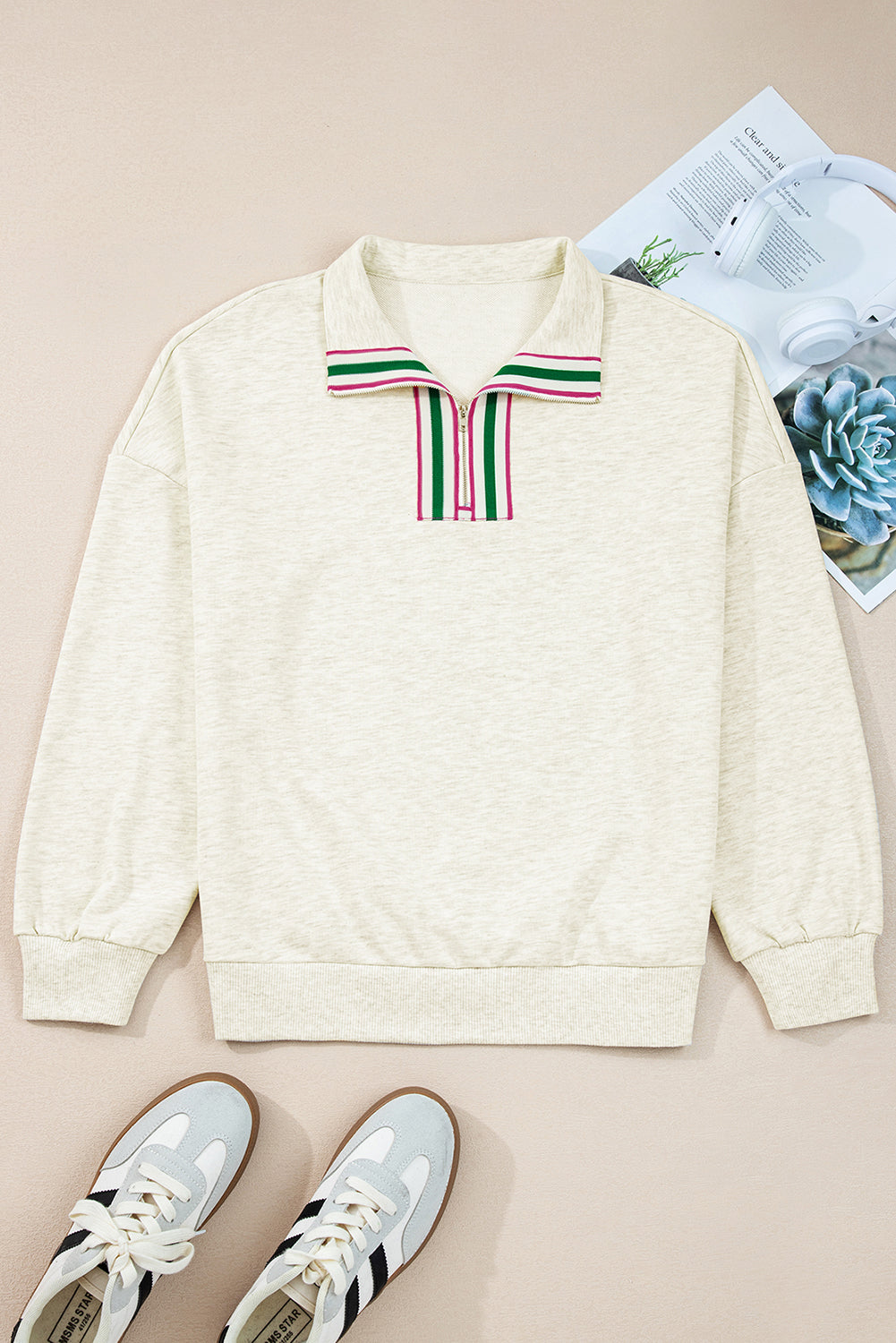 Light Grey Contrast Striped Patchwork Zip Collar Pullover Sweatshirt