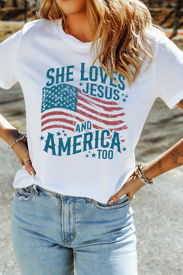 White She Loves Jesus and America Flag Graphic Tee