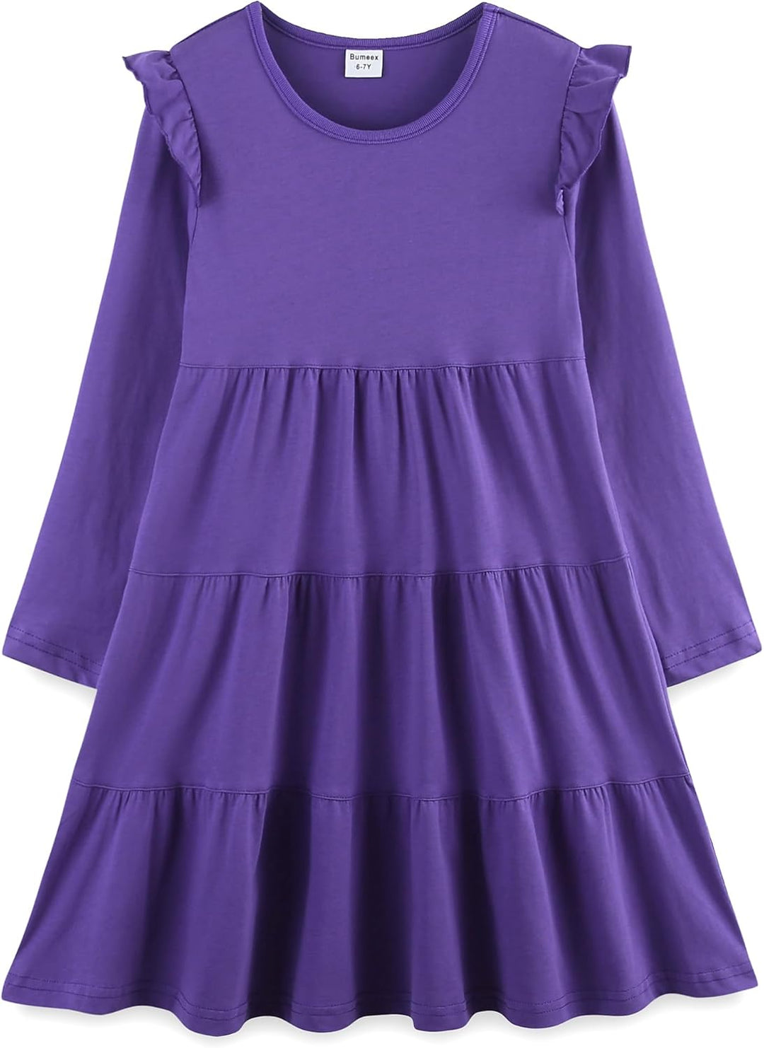 Girls Cotton Dress - Ruffle Sleeve Tiered A-Line Midi Sundress