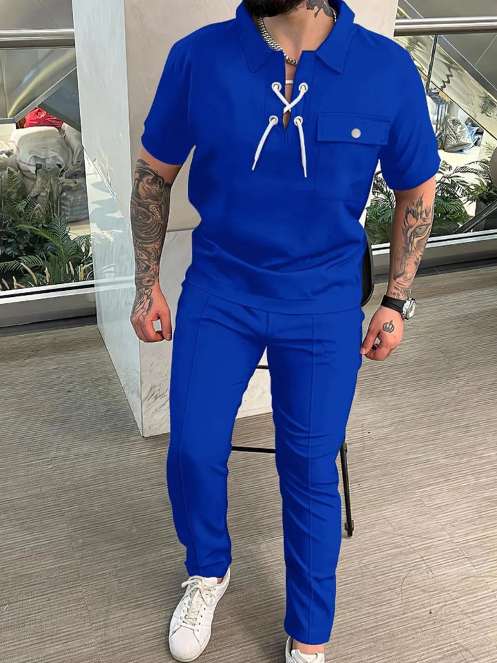 Men's Full Size Lace Up Short Sleeve Top and Pants Plus Size