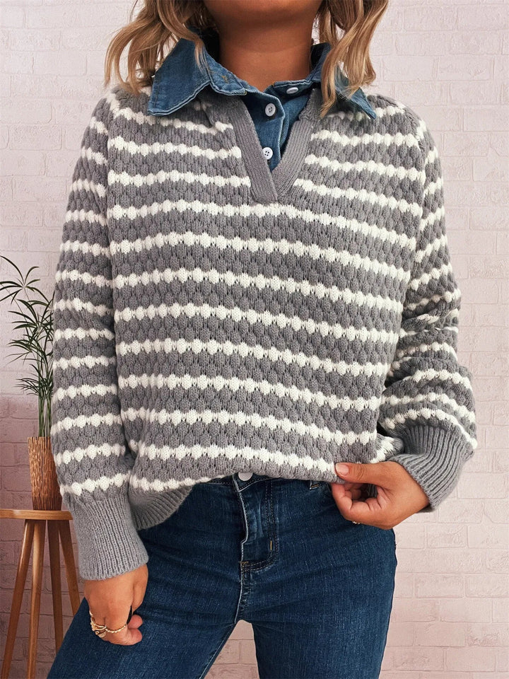 Contrast Striped Sweater with Denim Collar