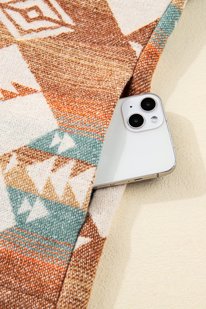 Khaki Quarter Zip Elastic Cuffs Aztec Sweatshirt