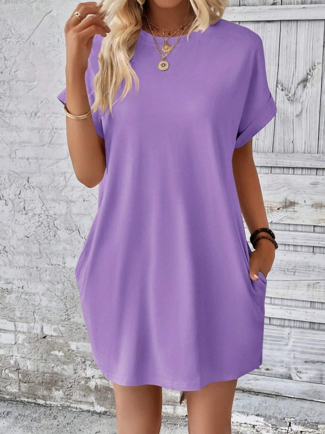 Casual Pocketed Round Neck Tee Dress