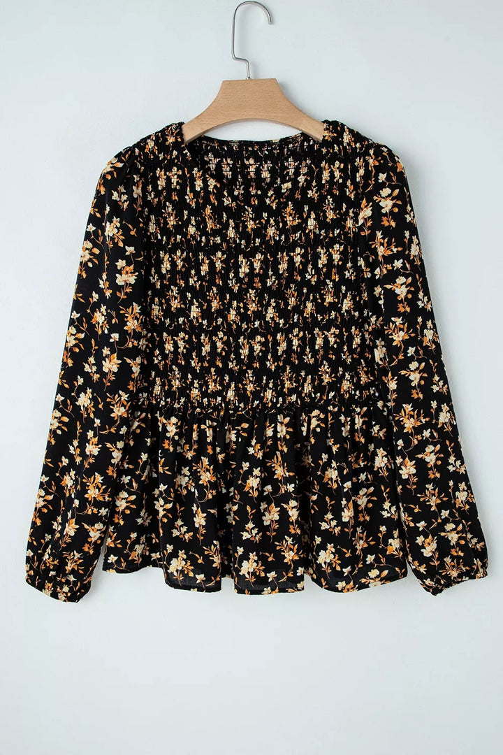 Floral Print Smocked Waist Long Sleeve Blouse