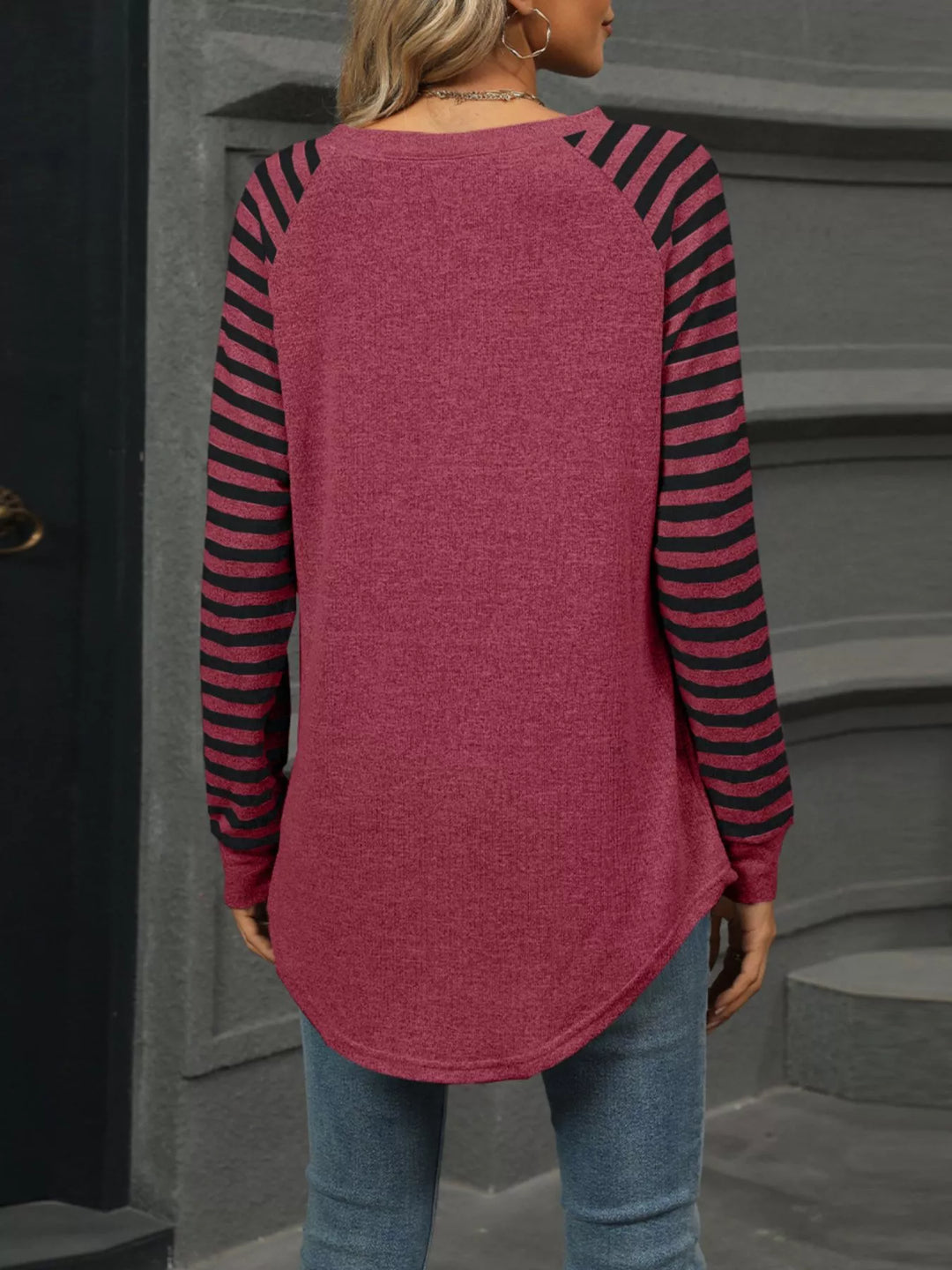 Striped Round Neck Raglan Sleeve T-Shirt