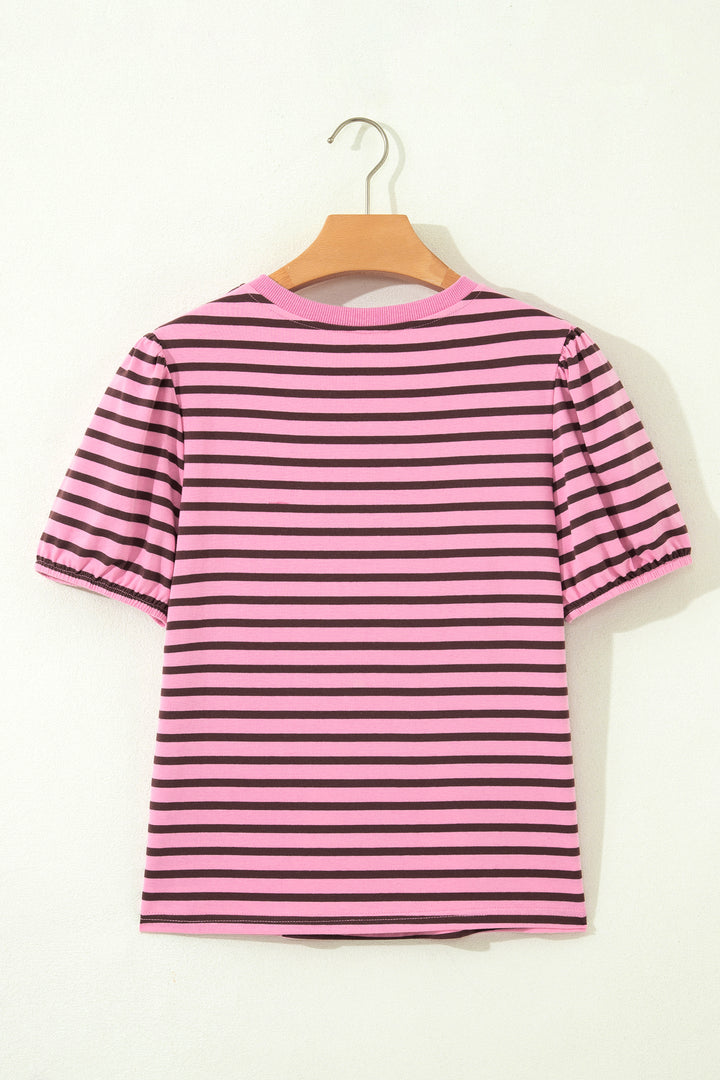 Rose Stripe Striped V-Neck Ribbed Collar Cuff Gathering Puff Sleeve Top