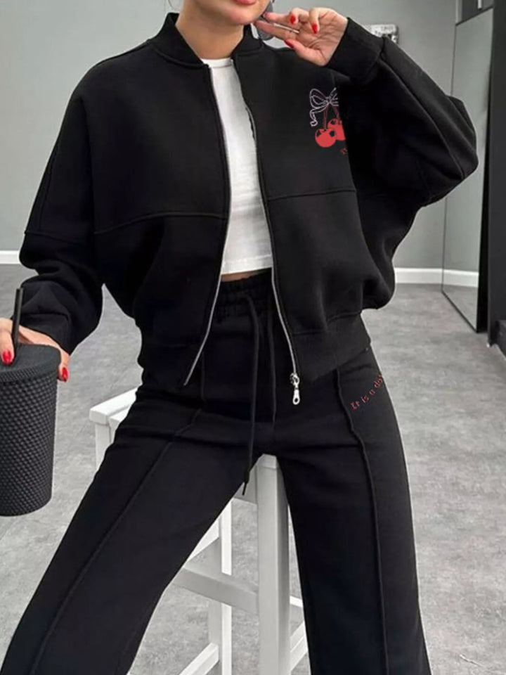 Zip Up Dropped Shoulder Outerwear and Pants Set