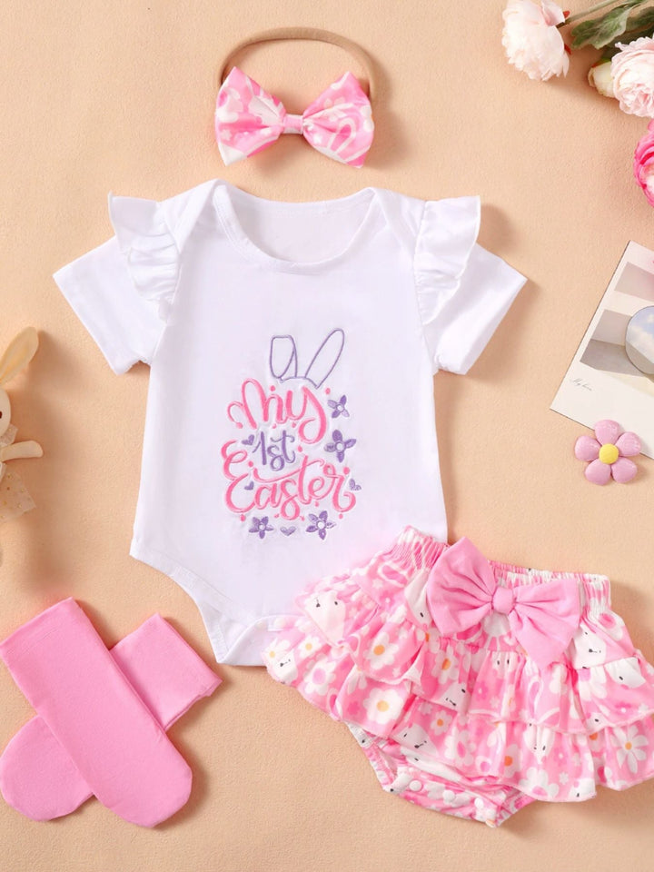 Children's Ruffled Trim Bodysuit and Skirt Set with Headband