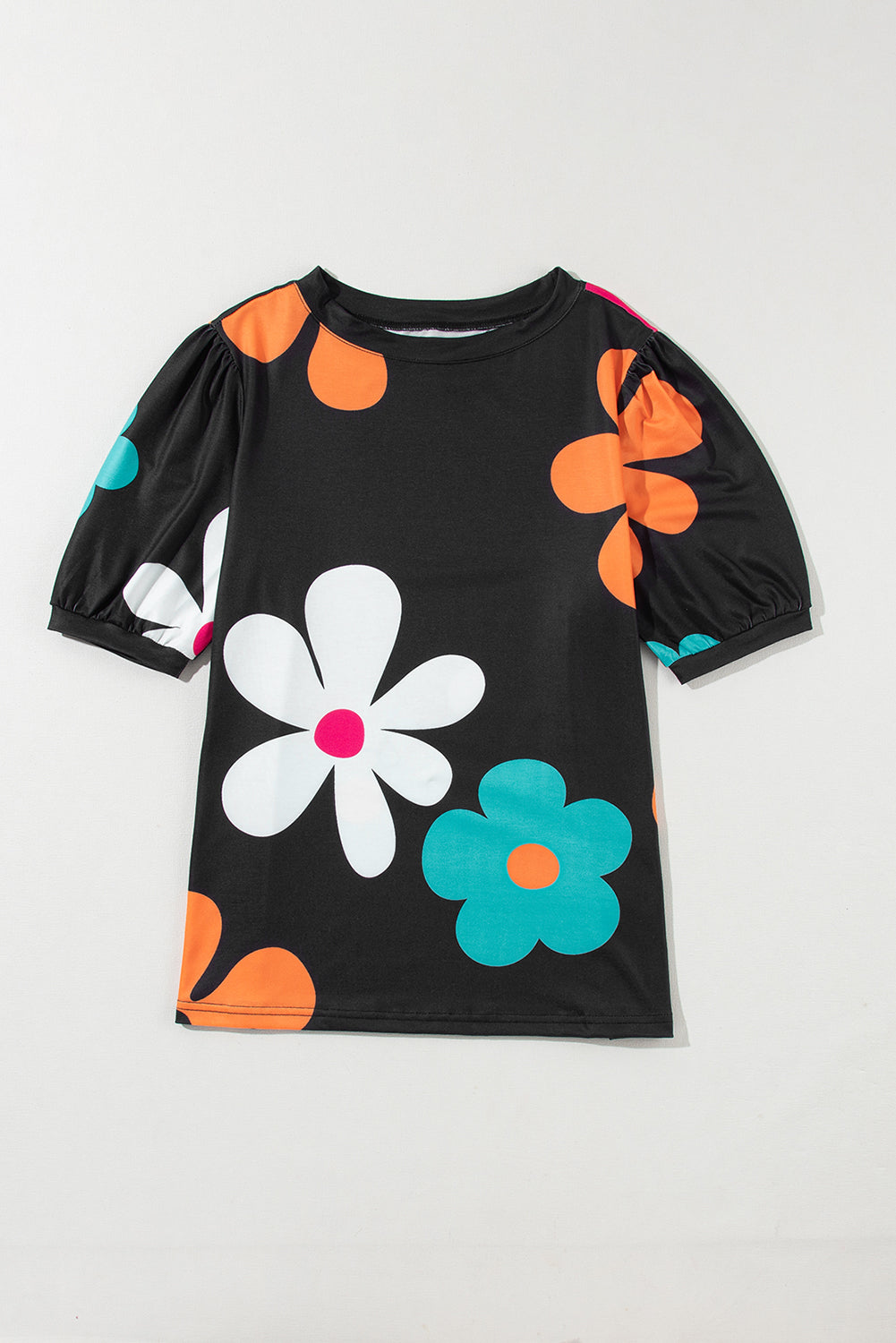 T-shirt à manches bouffantes et imprimé floral noir