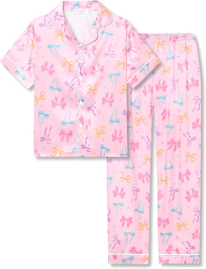 Girls Satin Pajama Set - Silky Button Down PJ with Shorts Size 6-16