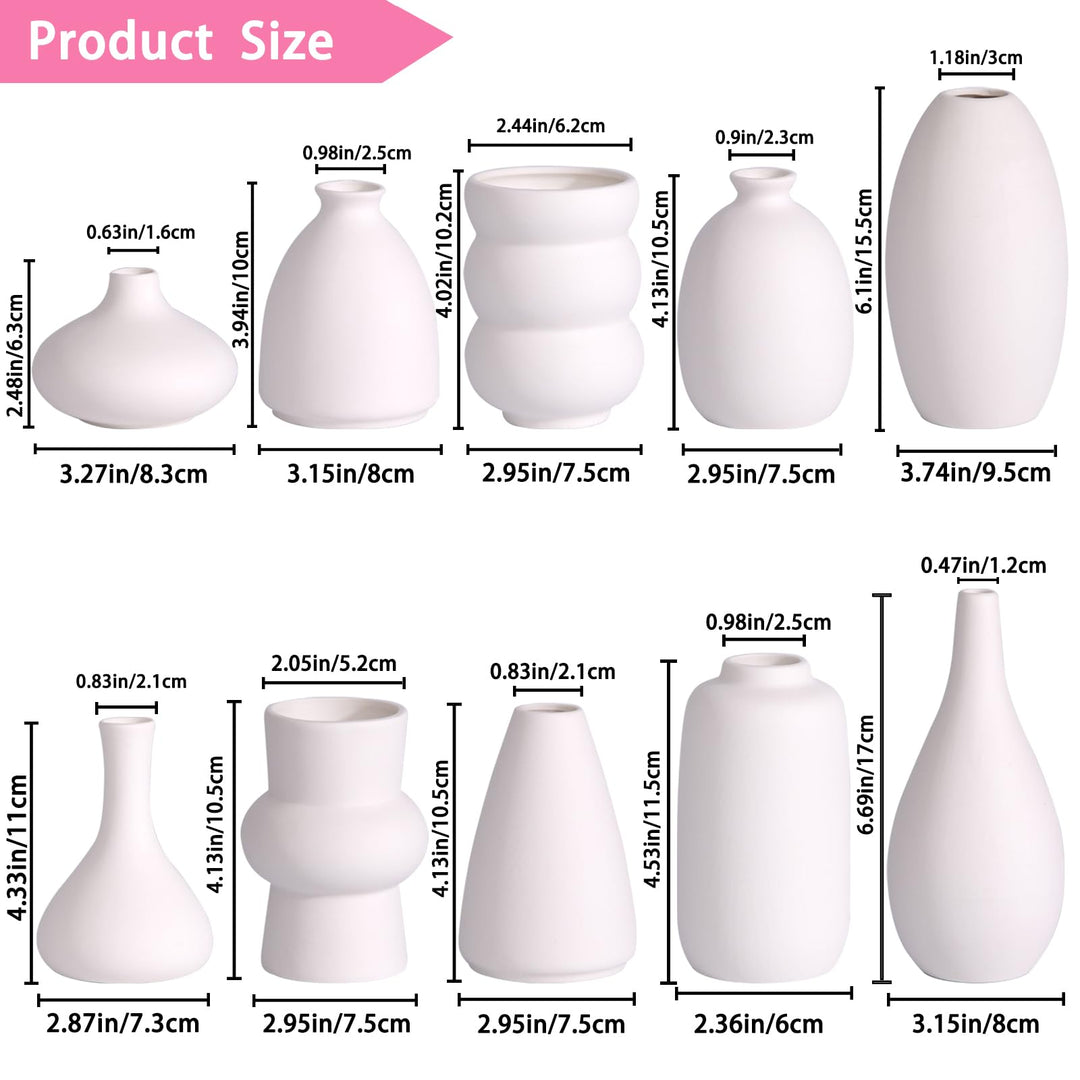 White Ceramic Bud Vases Set of 10 - 5 Inch Small Mini Vases for Flowers Centerpieces Decor