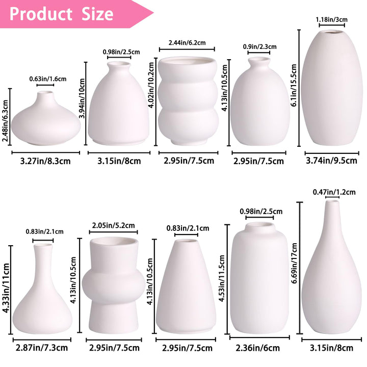 White Ceramic Bud Vases Set of 10 - 5 Inch Small Mini Vases for Flowers Centerpieces Decor