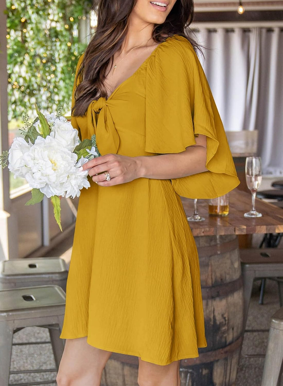 Women's Deep V-Neck Mini Dress with Bow Tie - Elegant Summer Fall Outfit