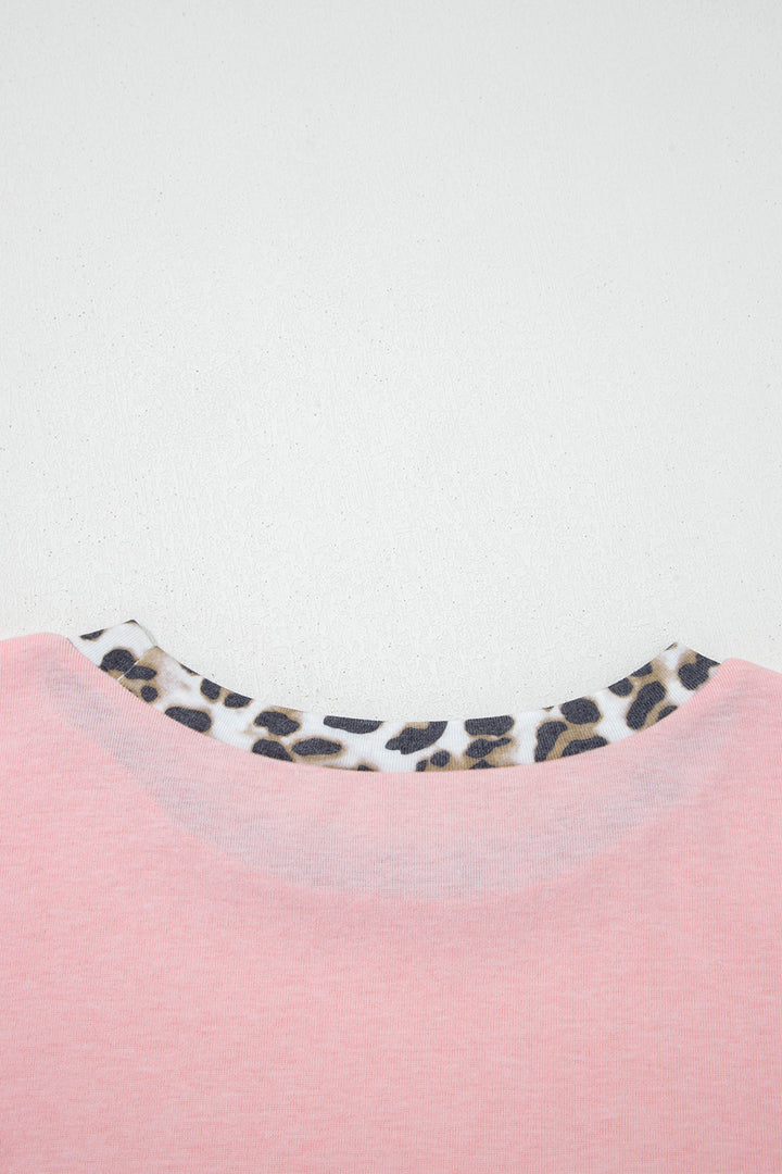 Light Pink Color Block Leopard Patchwork Dolman Sleeve High Low Baggy Sweatshirt