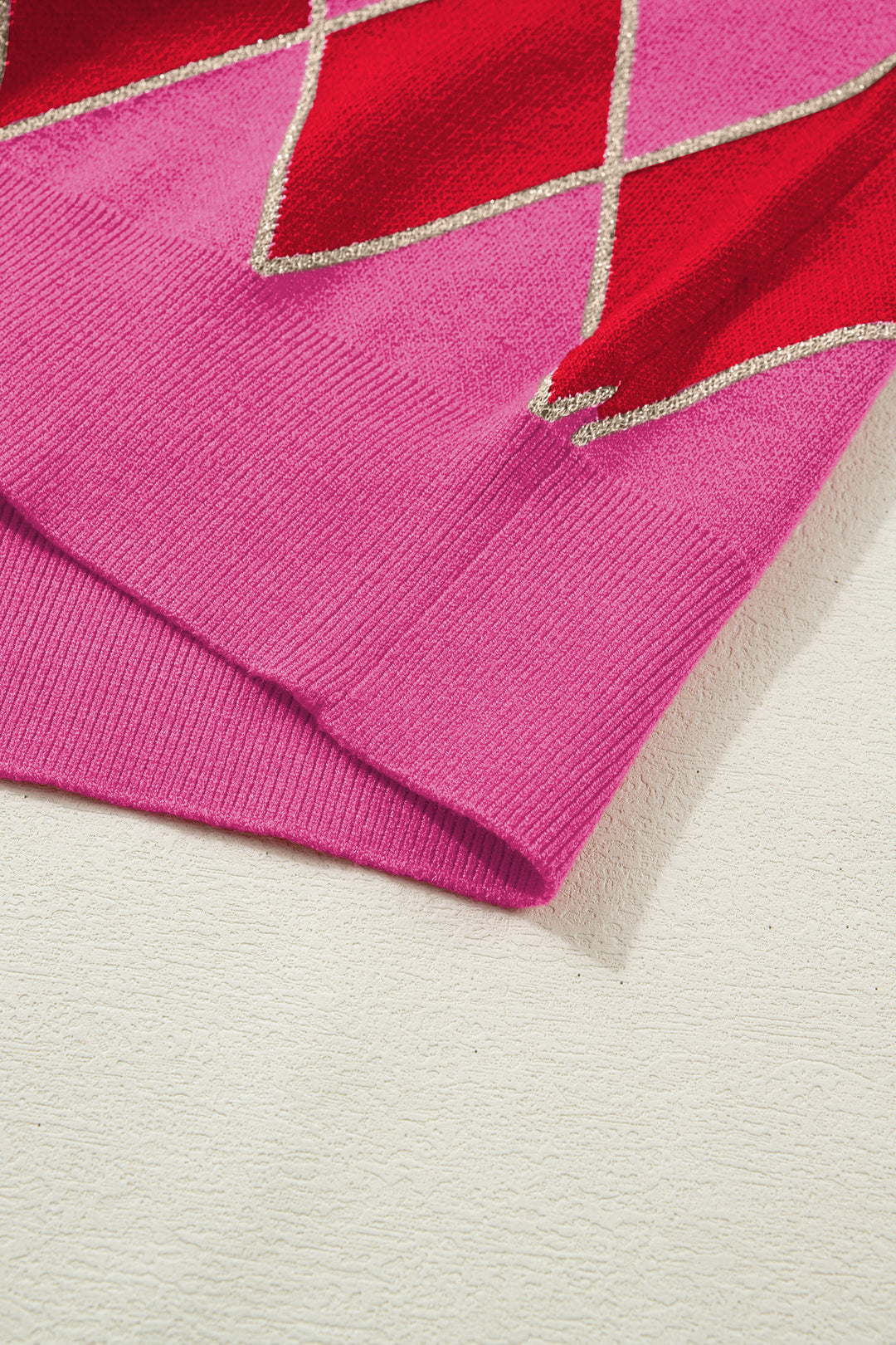 Rose Glitter Trim Rhombus Pattern Knit Sweater Vest