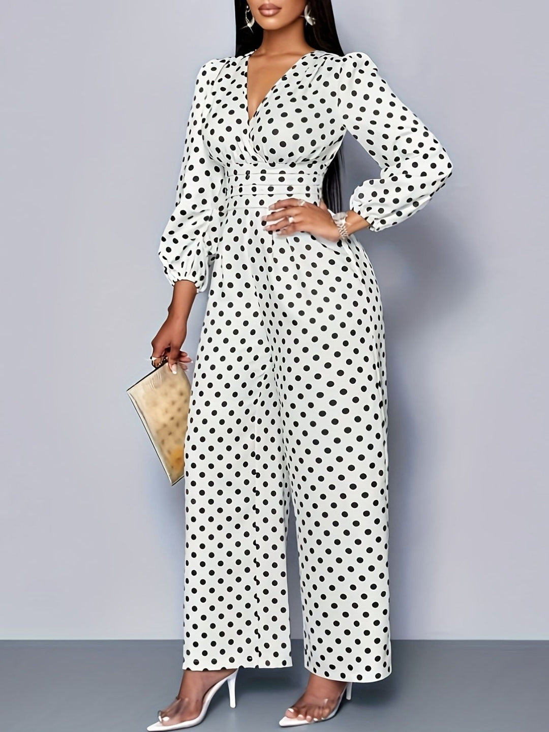 Polka Dot Long Sleeve Wide Leg Jumpsuit