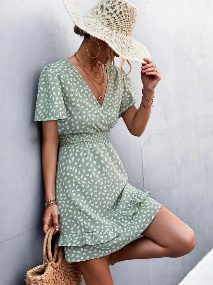 V-Neck Flutter Sleeve Mini Dress