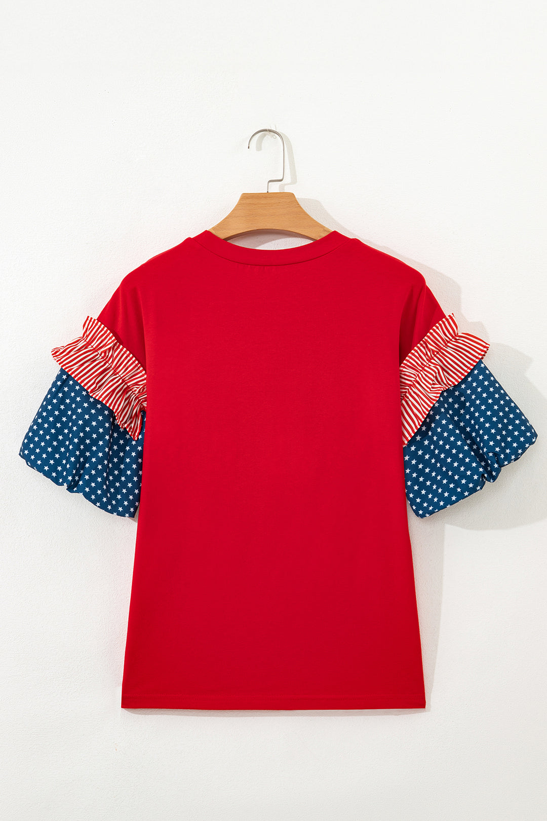 Fiery Red Patriotic Sequin Star Patched Stars and Stripes Contrast Sleeve Top