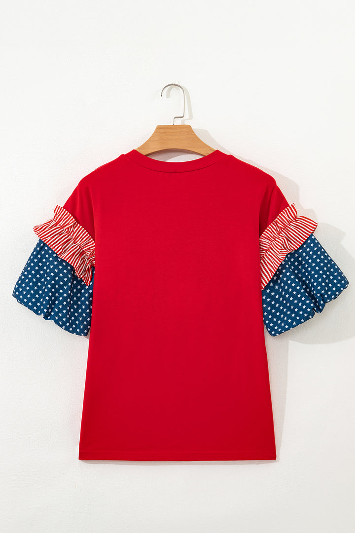 Fiery Red Patriotic Sequin Star Patched Stars and Stripes Contrast Sleeve Top