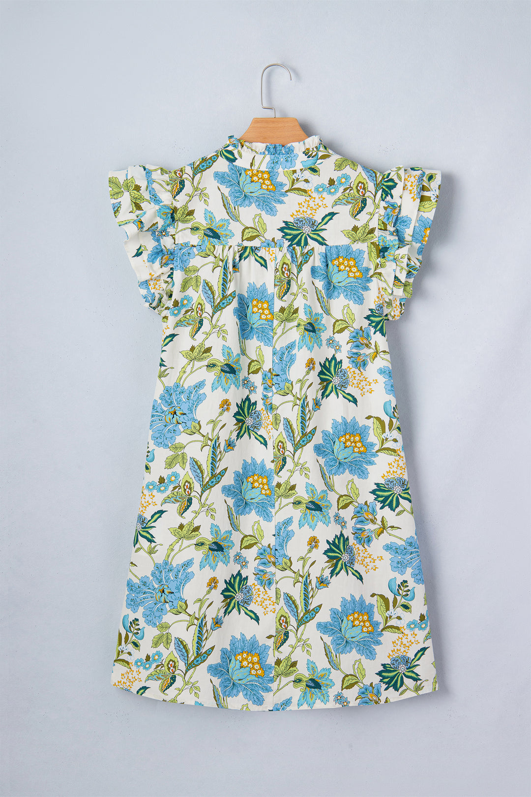 Beige Floral Print V Neck Triple Ruffle Short Sleeve Shift Mini Dress