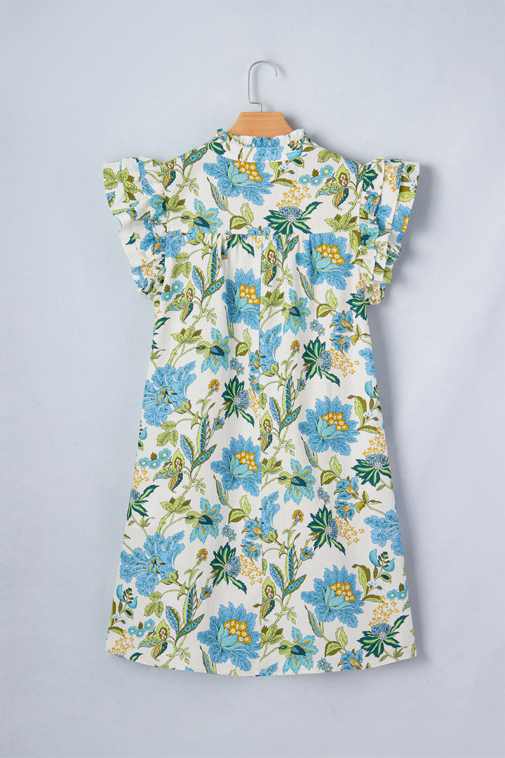 Beige Floral Print V Neck Triple Ruffle Short Sleeve Shift Mini Dress