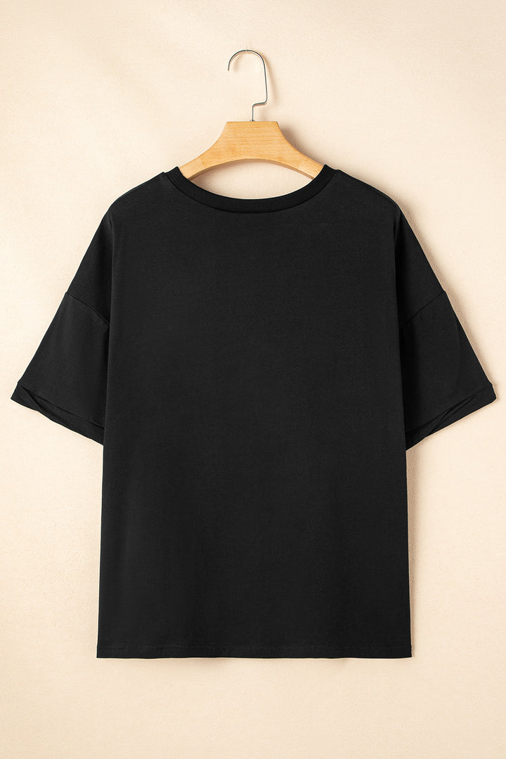 Black Sequin Strawberry Graphic High Low Relaxed Fit Tee